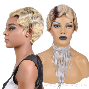 Rambut Manusia Virgin Pixie pendek Potong rambut palsu 1920 Flapper Hairstyles Pendek Retro Wave Retro Wave Wave For Women
